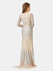 Lara 29467 - Long Sleeve Lace Gown with Wrap Skirt