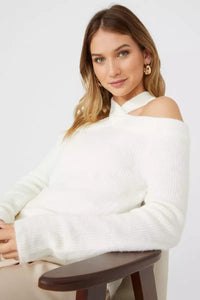 Womens/Ladies Knitted Cut Out Neck Sweater - White