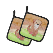 Load image into Gallery viewer, Dog Green and Brown Watercolor Pair of Pot Holders