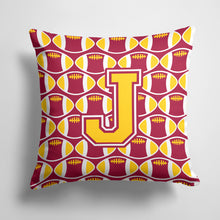 Load image into Gallery viewer, 14 in x 14 in Outdoor Throw PillowLetter J Football Maroon and Gold Fabric Decorative Pillow