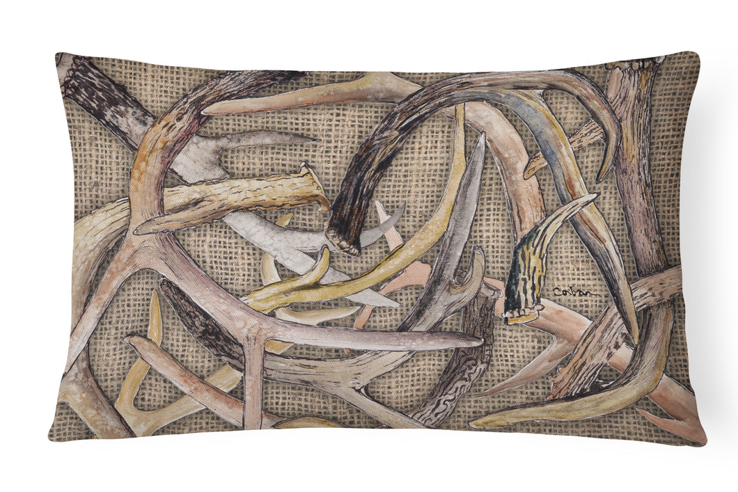 12 in x 16 in  Outdoor Throw Pillow Deer Horns  on Faux Burlap Canvas Fabric Decorative Pillow