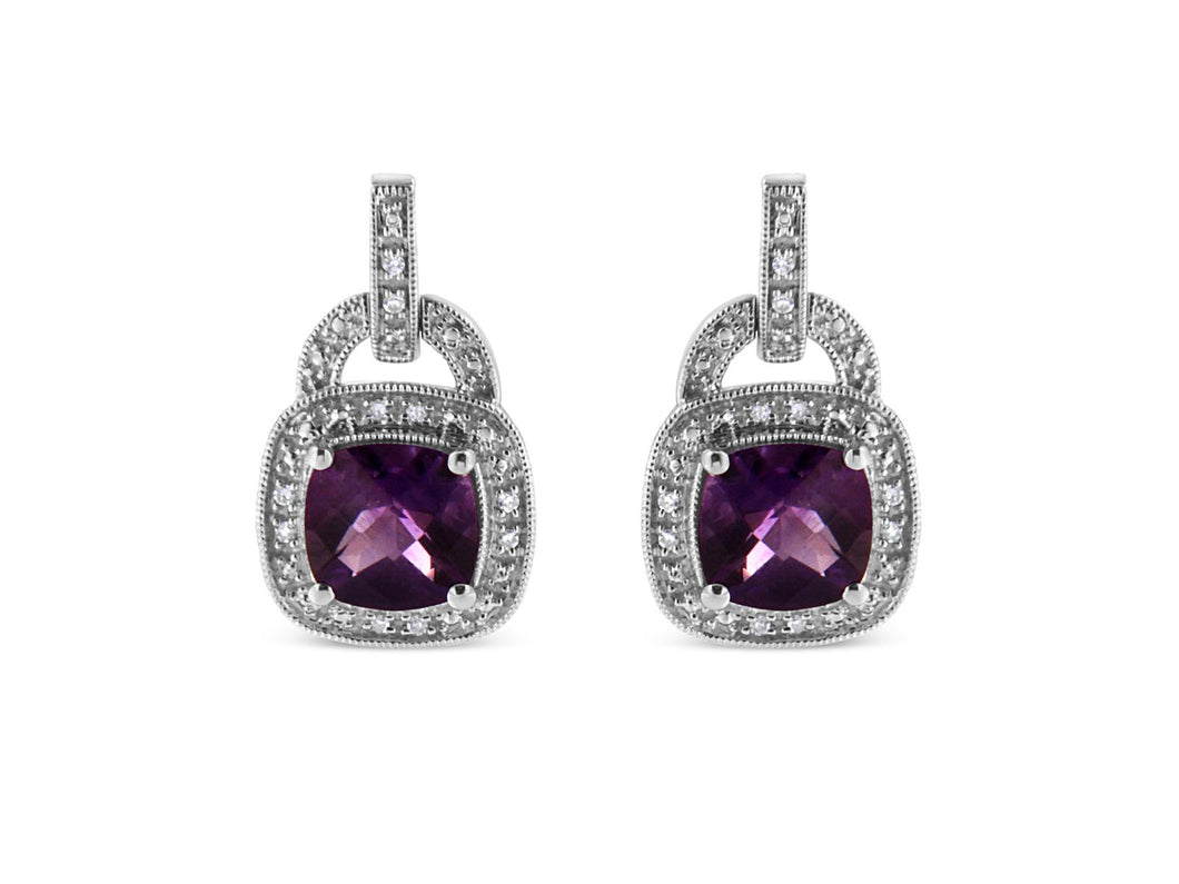 .925 Sterling Silver 8MM Natural Cushion Shaped Amethyst and Diamond Accent Halo with Push Back Dangle Earrings
