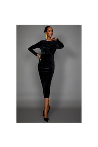Womens/Ladies Ruched Velvet Midi Dress - Black