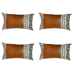 Boho Set of 4 Handcrafted Decorative Throw Pillow Cover Vegan Faux Leather Geometric For Couch, Bedding