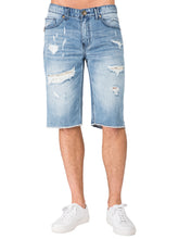 Load image into Gallery viewer, Men&#39;s Premium Denim Shorts Light Blue Distressed Mended Raw Edge 13&quot; Inseam