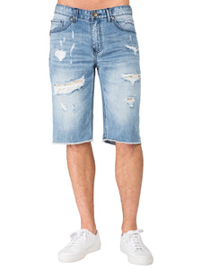 Men's Premium Denim Shorts Light Blue Distressed Mended Raw Edge 13" Inseam