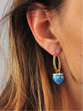 Load image into Gallery viewer, Summer Nights Turquoise &amp; Diamond Hoop Earrings in 14K Yellow Gold Plated Sterling Silver