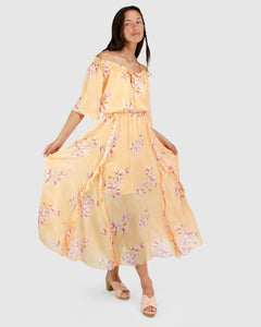 Amour Amour Ruffled Midi Dress - Peach Peonies