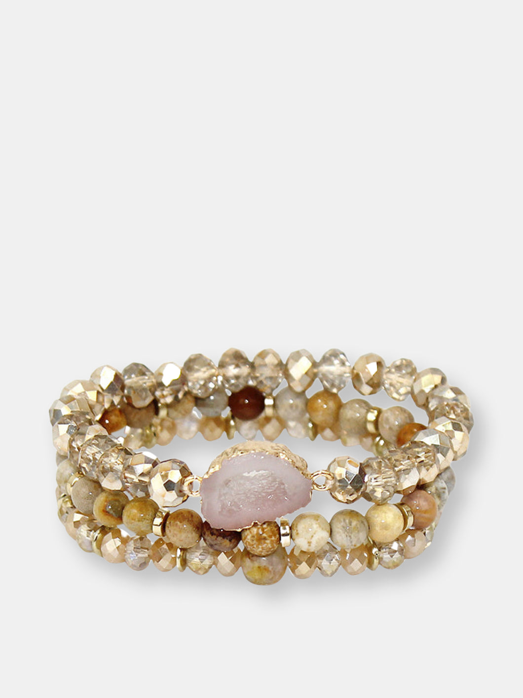 Multi Glass and Gold Beaded Stretch Bracelet with White Druzy