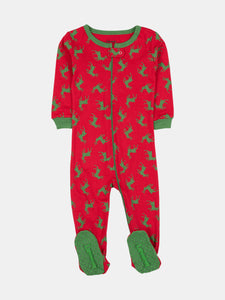 Kids Footed Cotton Red & Green Reindeer Pajamas