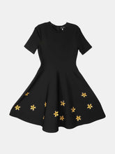 Load image into Gallery viewer, Oscar De La Renta Women&#39;s Black Short Sleeve Fit and Flare with Sequin Flowers Dress