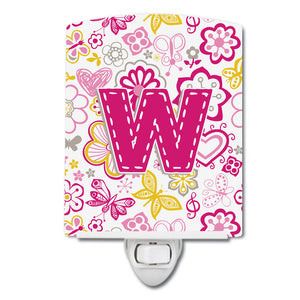 Letter W Flowers and Butterflies Pink Ceramic Night Light
