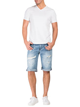 Load image into Gallery viewer, Men&#39;s Premium Denim Shorts Light Blue Distressed Mended Raw Edge 13&quot; Inseam