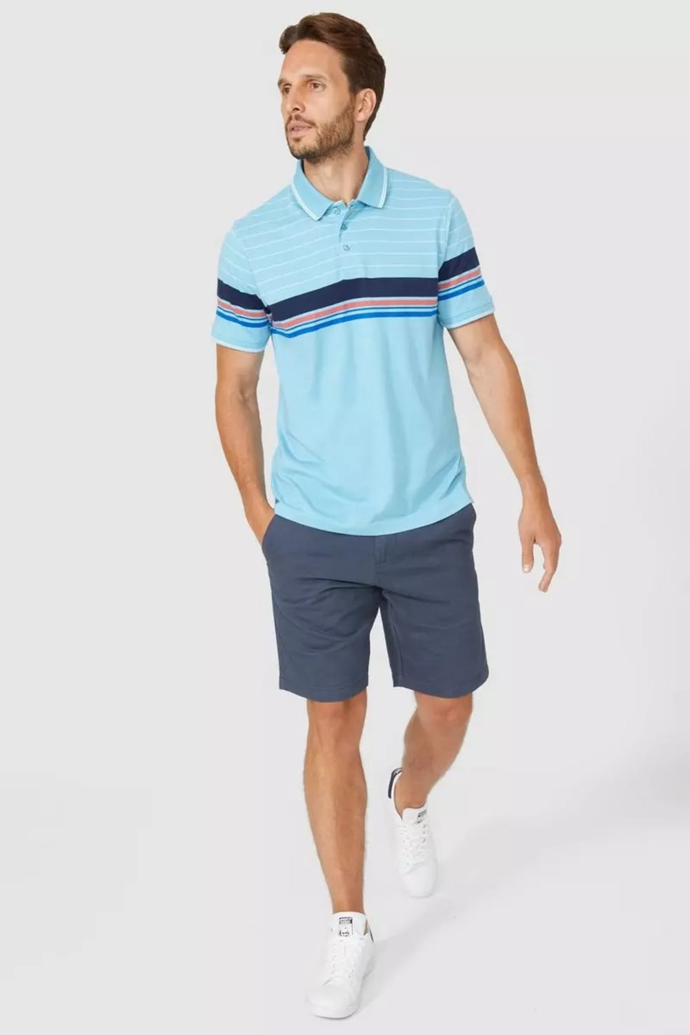 Mens Stripe Short-Sleeved Polo Shirt - Turquoise
