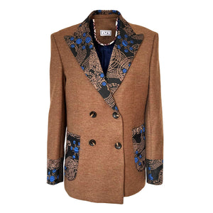 Wool Double Breasted Blazer In Camel Hair and Blue