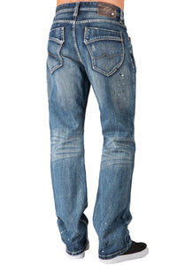 Men's Slim Straight Premium Jeans Blue Destroyed Sanding Whiskering