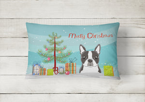 12 in x 16 in  Outdoor Throw Pillow Christmas Tree and Boston Terrier Canvas Fabric Decorative Pillow