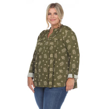 Load image into Gallery viewer, Plus Size Pleated Long Sleeve Leaf Print Blouse