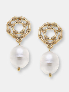 Jenny Bamboo & Pearl Drop Earrings in Worn Gold