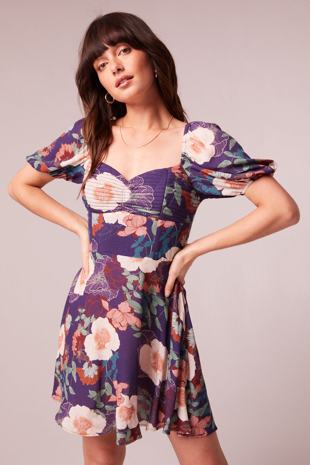 Aimee Purple Floral Puff Sleeve Mini Dress