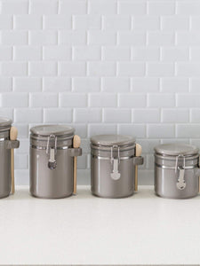 4 Piece Ceramic Canisters with Easy Open Air-Tight Clamp Top Lid and Wooden Spoons, Grey