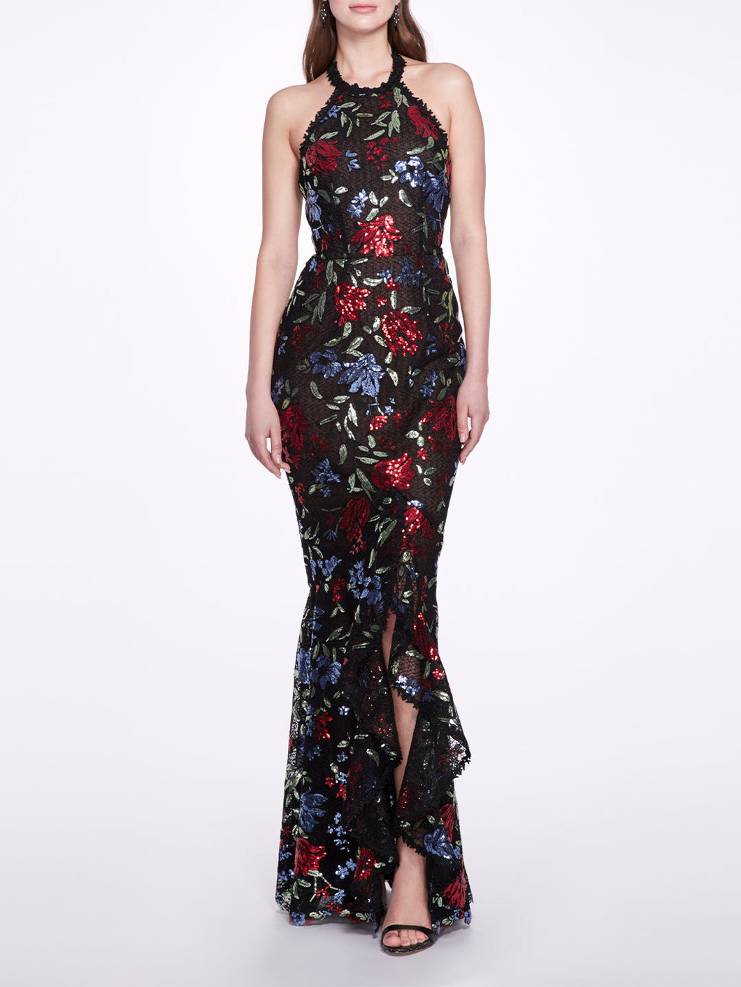 Sleeveless Halter Embroidered Sequin Gown