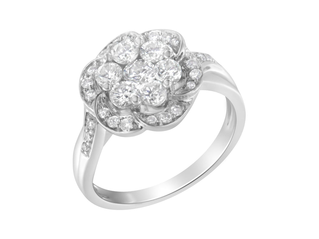 14K White Gold 1-1/4 Cttw Brilliant Cut Diamond Three Round Floral Clusters Engagement Or Fashion Ring