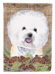 Bichon Frise Faux Burlap And Pine Cones Garden Flag 2-Sided 2-Ply