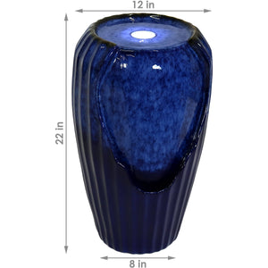 Blue Ceramic Vase Outdoor Water Fountain 22" Water Feature w/ LED
