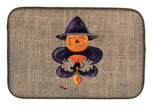 Load image into Gallery viewer, 14 in x 21 in Halloween Pumpkin and Bat Fleur de lis on Faux Burlap Dish Drying Mat