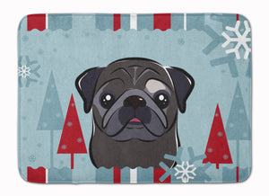 19 in x 27 in Winter Holiday Black Pug Machine Washable Memory Foam Mat
