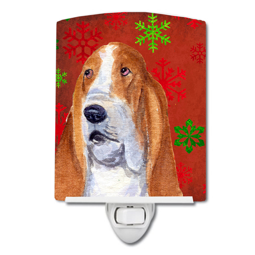 Basset Hound Red and Green Snowflakes Holiday Christmas Ceramic Night Light