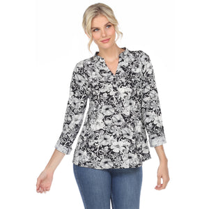 Pleated Long Sleeve Floral Print Blouse