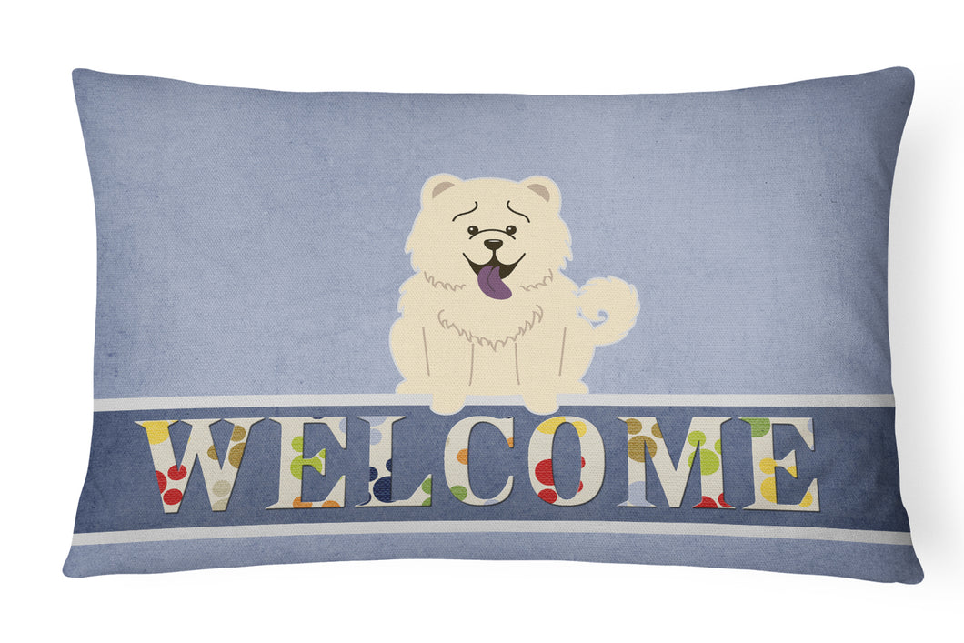12 in x 16 in  Outdoor Throw Pillow Chow Chow White Welcome Canvas Fabric Decorative Pillow