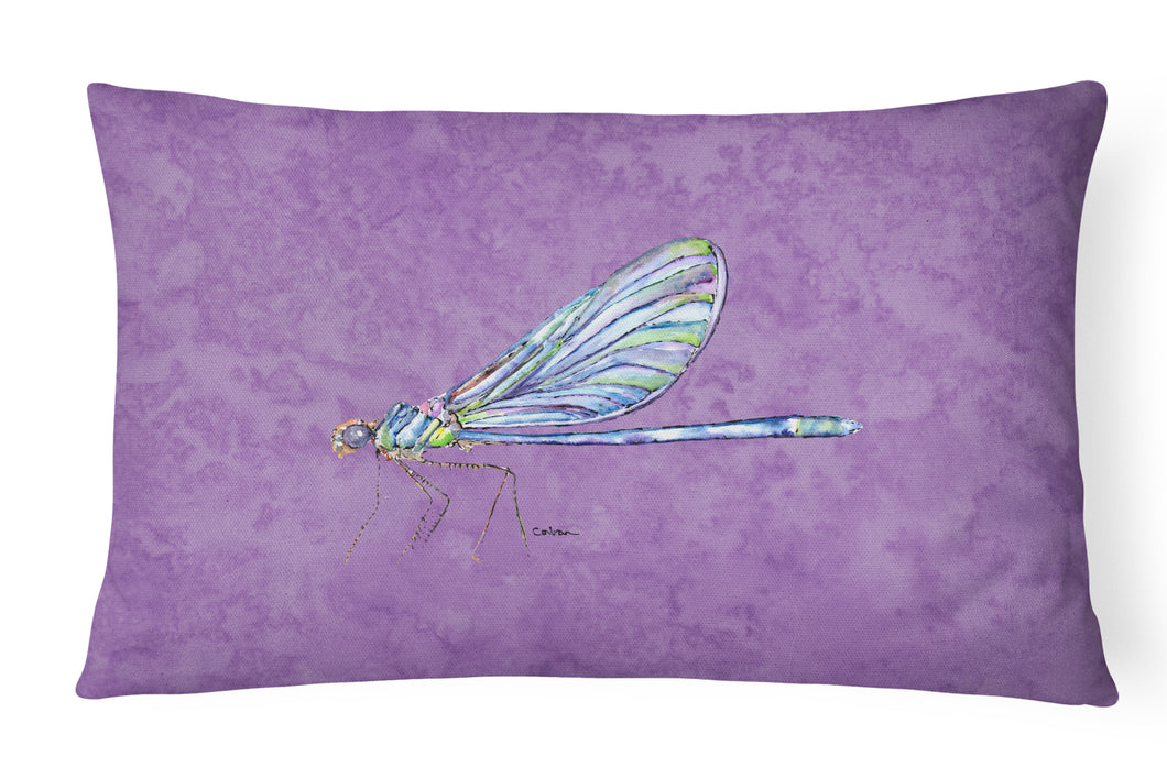 12 in x 16 in  Outdoor Throw Pillow Dragonfly on Purple Canvas Fabric Decorative Pillow