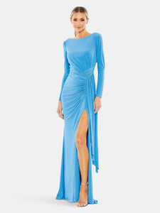 Ruched Long Sleeve Cowl Neck Gown