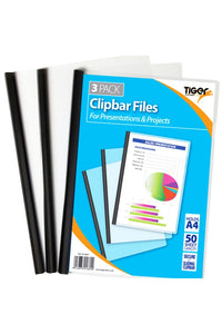 Tiger Stationery A4 Black Clipbar Files (Pack of 3) (Black) (A4)