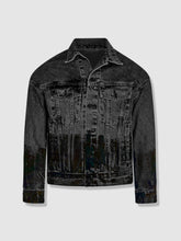Load image into Gallery viewer, Shorter Washed Black Denim Jacket with Midnight Oil Foil