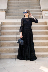 Black Sequin Lace Ruffle Dress