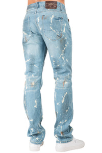 Men's Slim Straight Premium Jeans Blue Paint Splatter Bleach Spots
