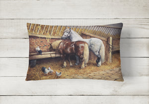 12 in x 16 in  Outdoor Throw Pillow Horses Eating with the Chickens Canvas Fabric Decorative Pillow