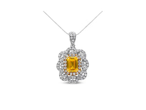 18K Yellow and White Gold 1.75 Cttw Diamond Lab Grown Treated Yellow Emerald Center Diamond Halo 18" Pendant Necklace