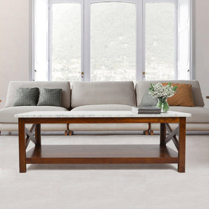 Agatha 44" Rectangular Italian Carrara White Marble Coffee Table With Walnut Color Solid Wood Legs