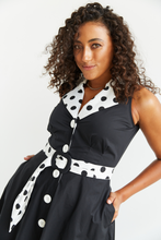 Load image into Gallery viewer, Adelaide Alluring Midi Dress in Black with White &amp; Black Polka Dots