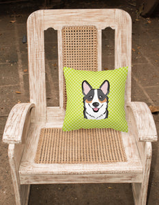 14 in x 14 in Outdoor Throw PillowCheckerboard Lime Green Corgi Fabric Decorative Pillow