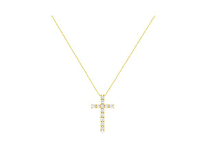10K Yellow Gold 1.0 Cttw Shared Prong Set Round Brilliant Cut Diamond Cross 18" Pendant Necklace