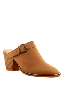 Tarrah Stacked Heel Mules with Adjustable Buckle