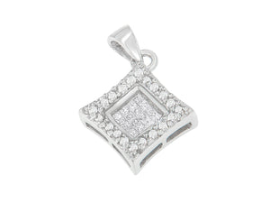 14K White Gold Round and Princess Cut Diamond Pendant Necklace