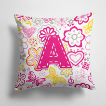 Load image into Gallery viewer, 14 in x 14 in Outdoor Throw PillowLetter A Flowers and Butterflies Pink Fabric Decorative Pillow