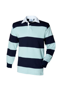 Front Row Sewn Stripe Long Sleeve Sports Rugby Polo Shirt (Duck Egg/Navy)
